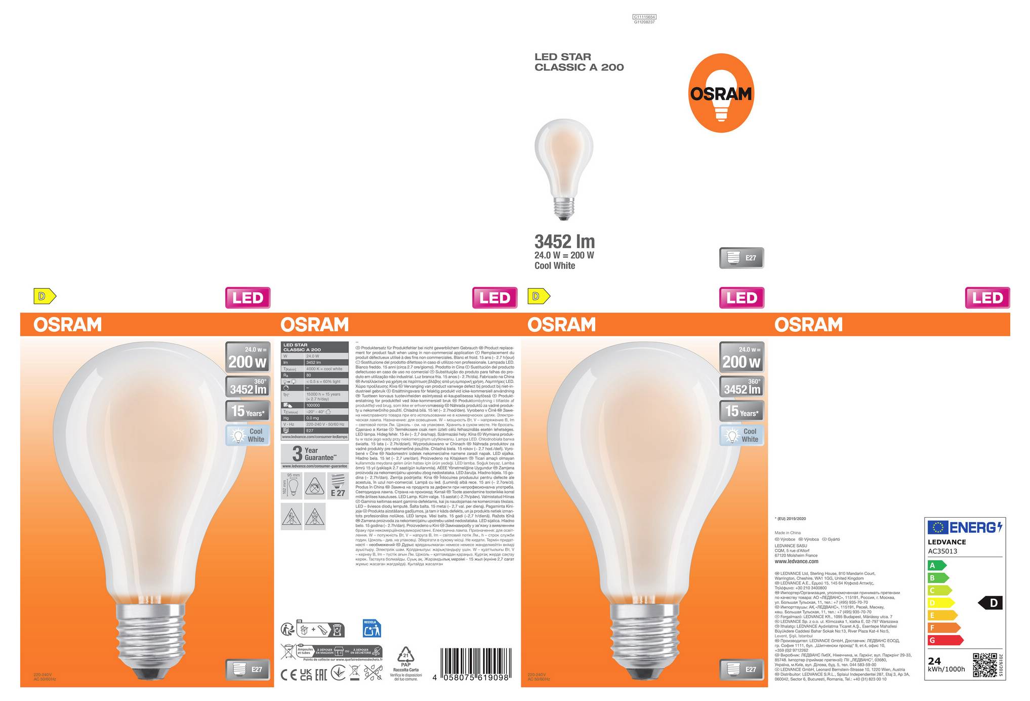 Emballage de l'ampoule OSRAM LED Star Classic A 100 en orange et blanc, présentant une lampe LED équivalente 200W avec 3452 lm et les détails de l'étiquette énergétique.
