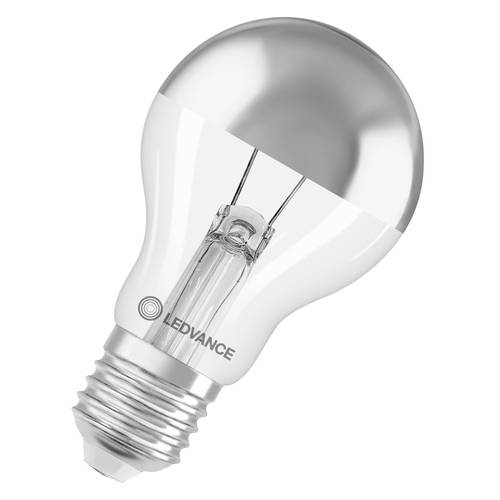 Une ampoule LED en verre transparent avec un sommet argenté et une base à vis métallique, présentée isolée sur un fond blanc.