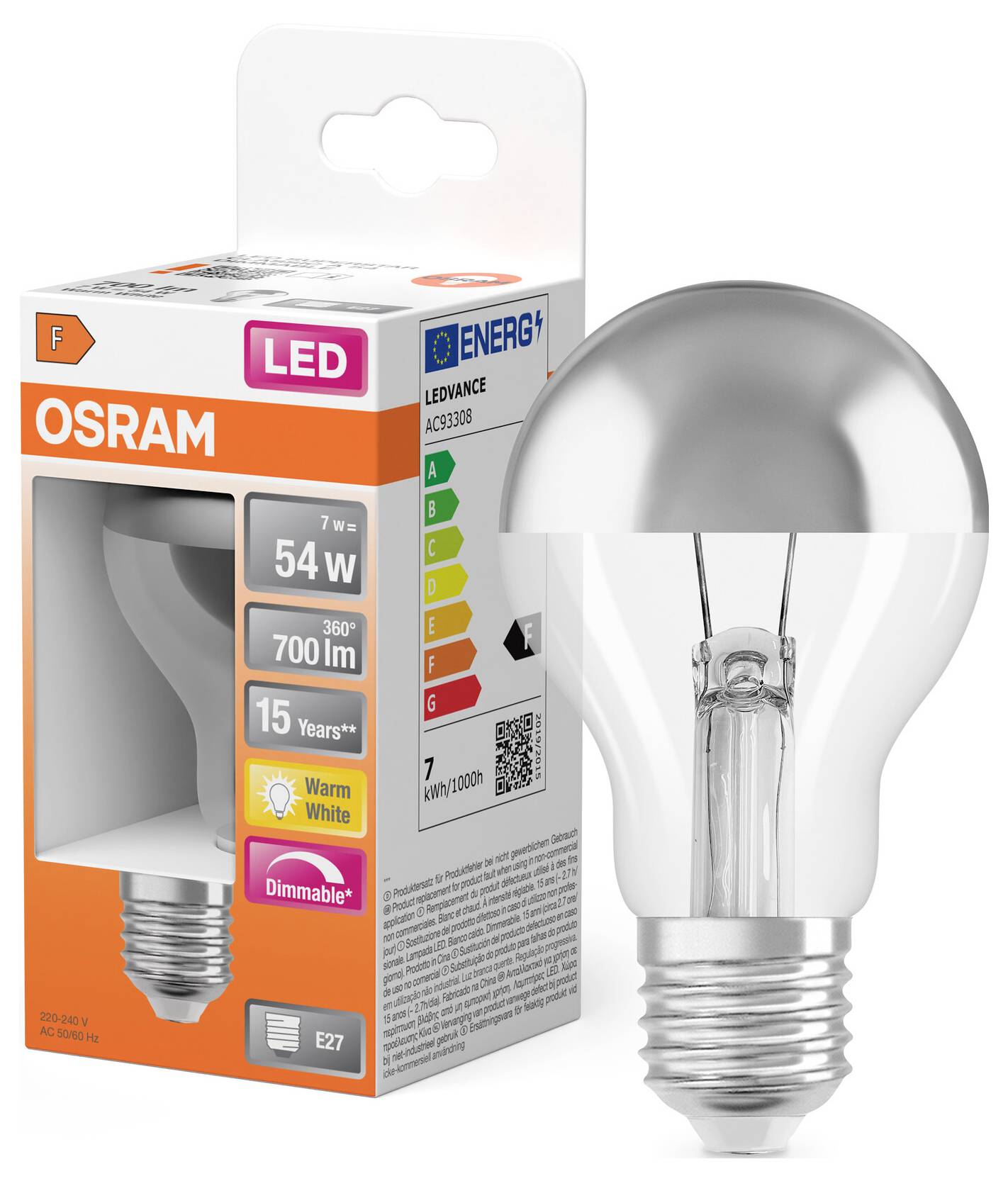 Ampoule LED OSRAM gradable blanc chaud en emballage E27, présentée à côté du produit en boîte.