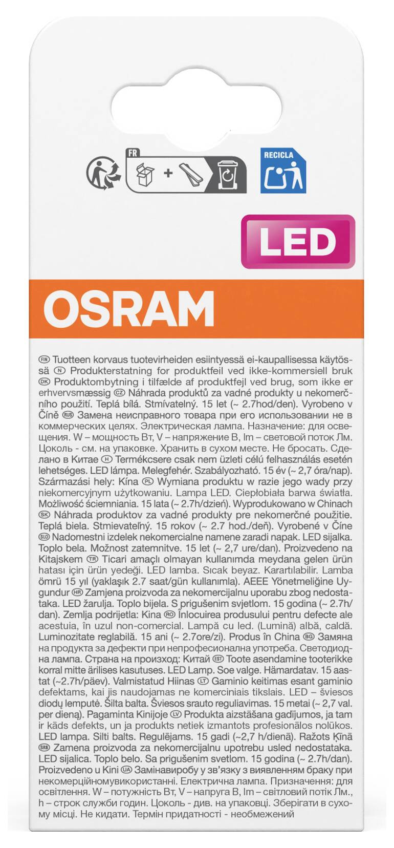 Ampoule LED OSRAM en emballage blanc, orange et rose, affichant des icônes de recyclage et du texte d'informations sur les produits en finnois.