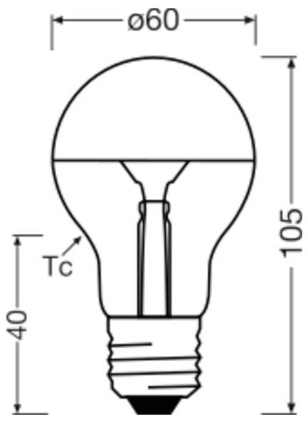 Dessin technique d'une ampoule avec dimensions : diamètre 60 mm, hauteur totale 105 mm, et section inférieure de 40 mm marquée Tc.