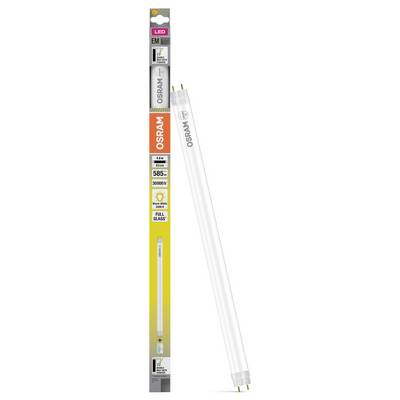 Emballage d'ampoule tubulaire LED OSRAM à côté d'une lampe LED linéaire blanche, présenté verticalement sur un fond uni.