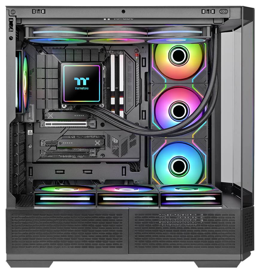Boîtier PC ouvert montrant un ordinateur de bureau de jeu personnalisé avec des ventilateurs illuminés RGB, un refroidissement liquide, une carte graphique, et un bloc processeur de marque Thermaltake.