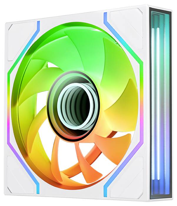 Ventilateur de refroidissement pour ordinateur blanc avec anneau de pale RGB vert-orange et bande lumineuse latérale, présenté dans un boîtier blanc carré.