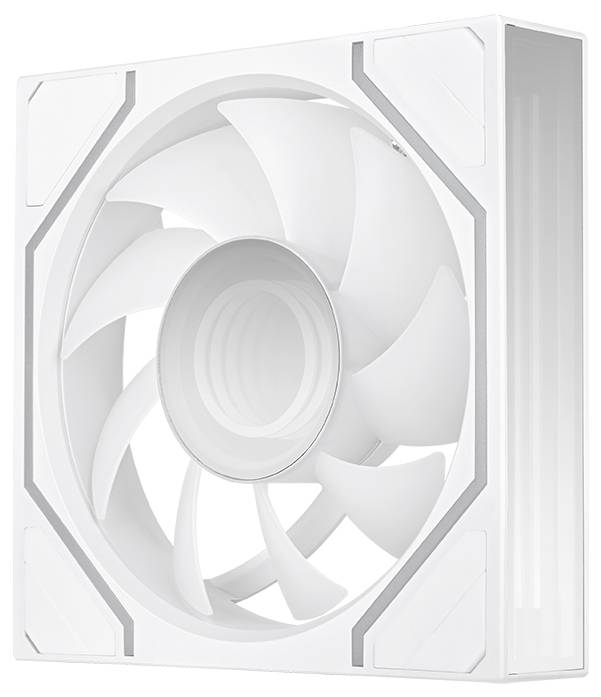 Ventilateur de boîtier informatique blanc avec un rotor à pale circulaire dans un cadre carré, montré de face selon un angle.