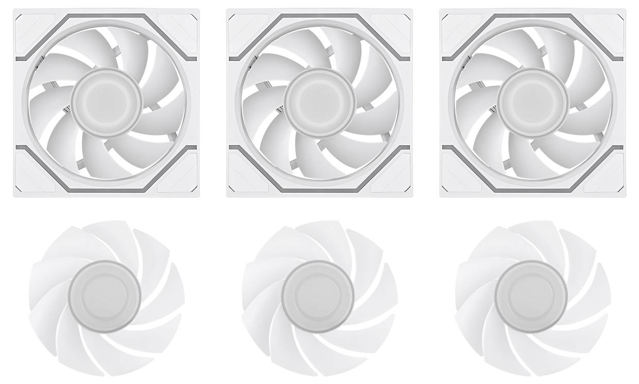 Six icônes de ventilateur disposées en deux rangées : trois ventilateurs gris solides en haut et trois ventilateurs gris clair estompés en bas, suggérant des états actifs par rapport aux états désactivés.