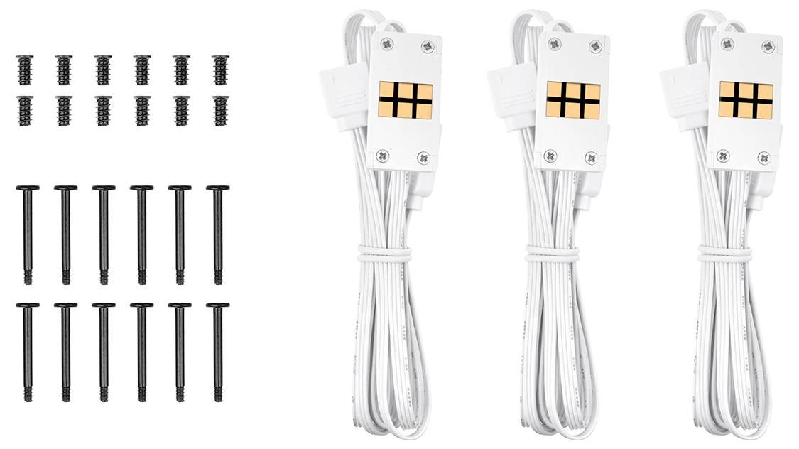 Trois câbles de charge USB blancs avec connecteurs magnétiques attachés, chacun groupé avec des attaches-câbles, présentés avec des ensembles de vis de montage noires sur la gauche.