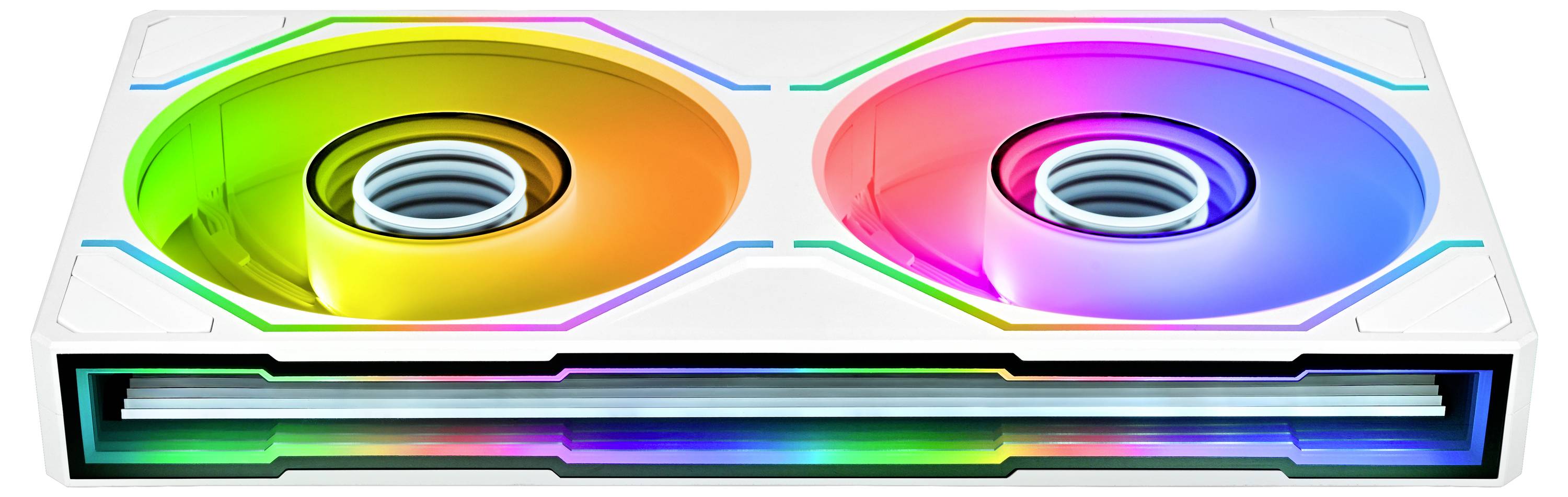 Image stylisée de deux ventilateurs de refroidissement éclairés en RGB dans un boîtier d'ordinateur blanc, avec une bande lumineuse arc-en-ciel brillante le long du bord avant.
