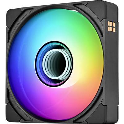 Gros plan d'un ventilateur de refroidissement d'ordinateur avec une pale circulaire éclairée en RGB arc-en-ciel et un moyeu central dans un cadre carré noir.