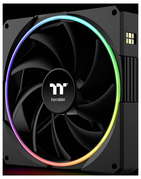 Ventilateur de refroidissement de PC Thermaltake noir avec éclairage anneau RGB arc-en-ciel sur un boîtier carré