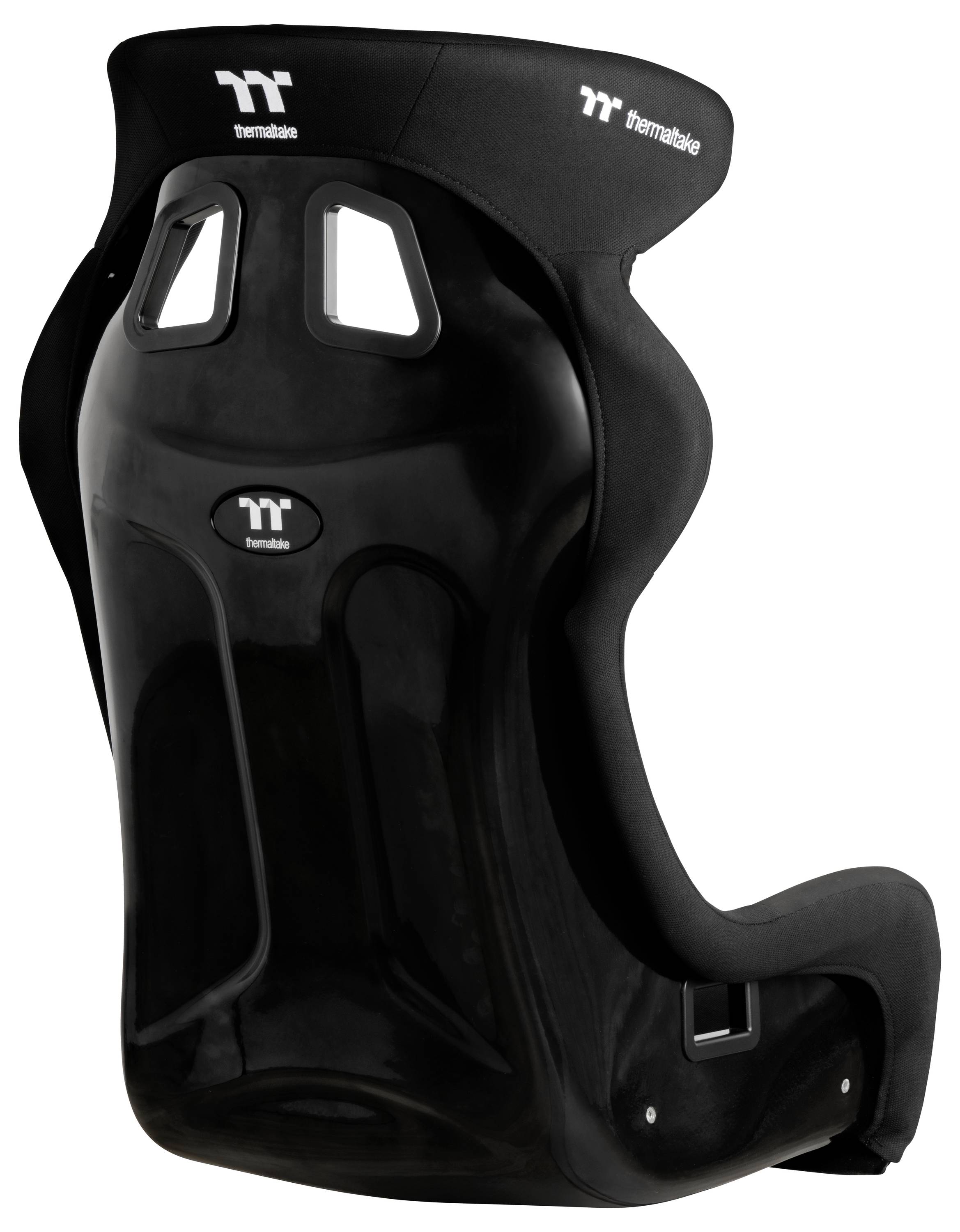 Siège baquet de course noir avec ouvertures pour harnais de tête et logos Temmatek, présenté sur un fond blanc.