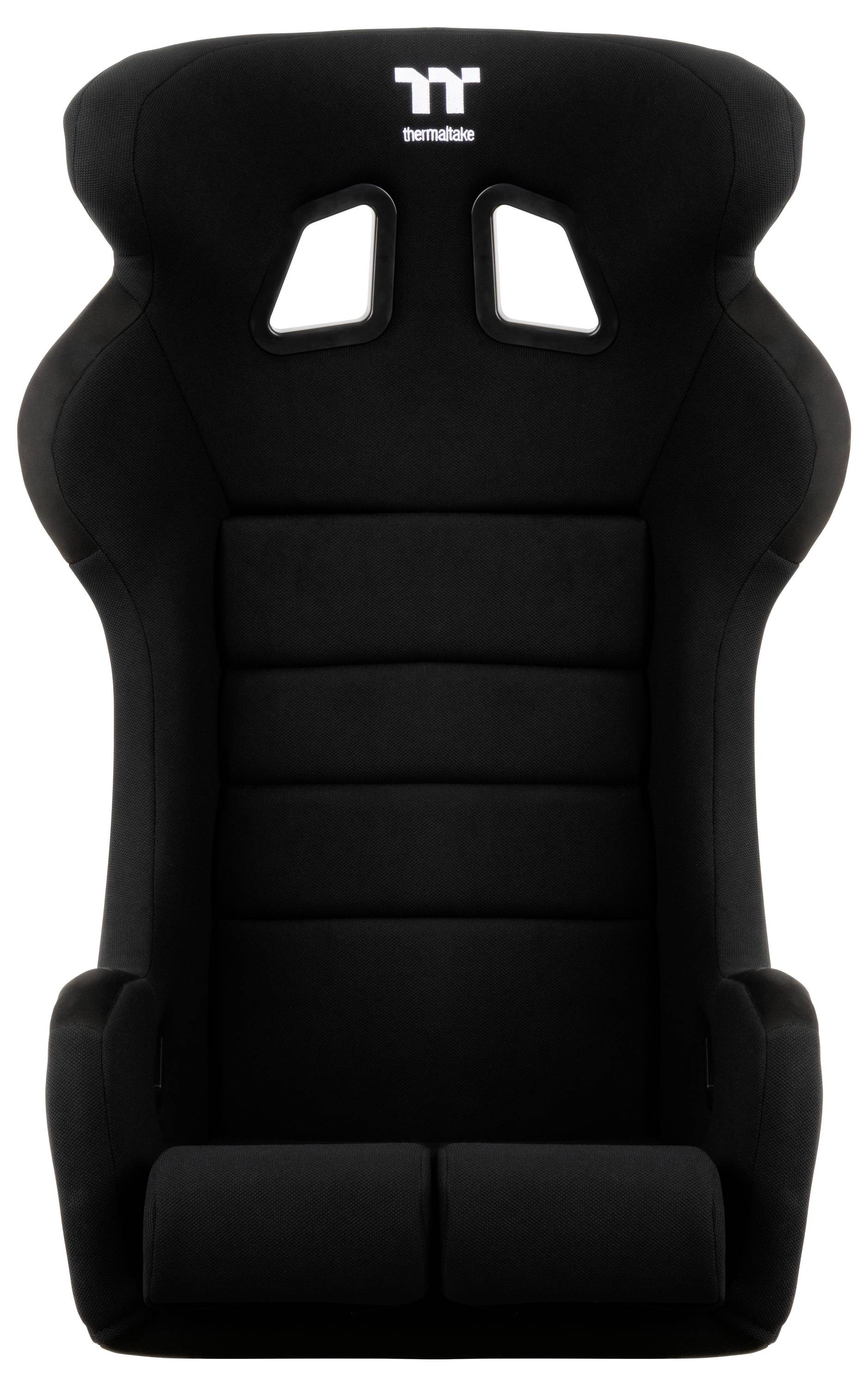 Siège de voiture de style course noir avec découpes au repose-tête et support lombaire rembourré, montré de face sur fond blanc.