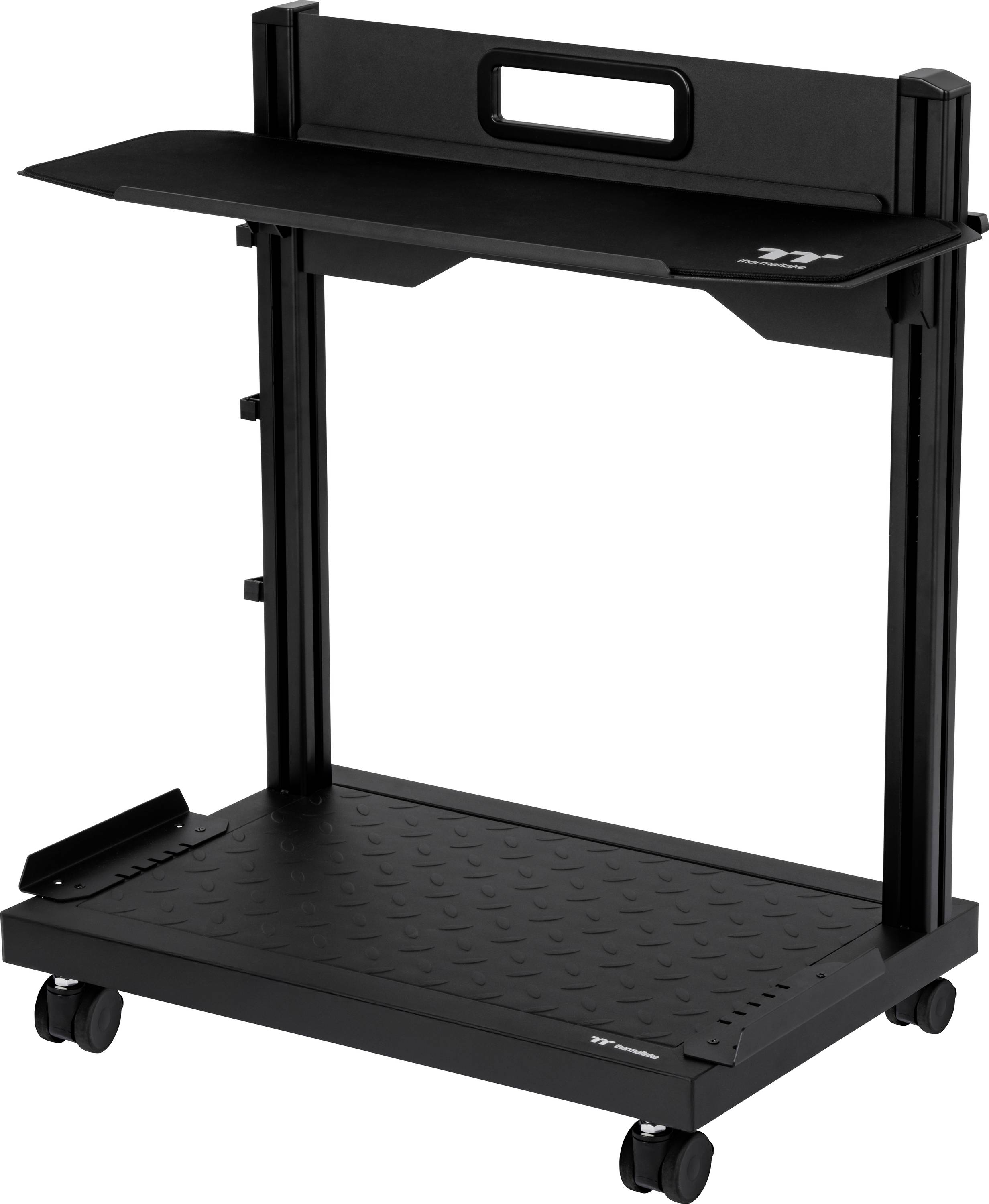 Chariot à outils à roues noires avec poignée, tablette supérieure et plateforme inférieure texturée pour le rangement ou le transport d'outils et d'équipement.