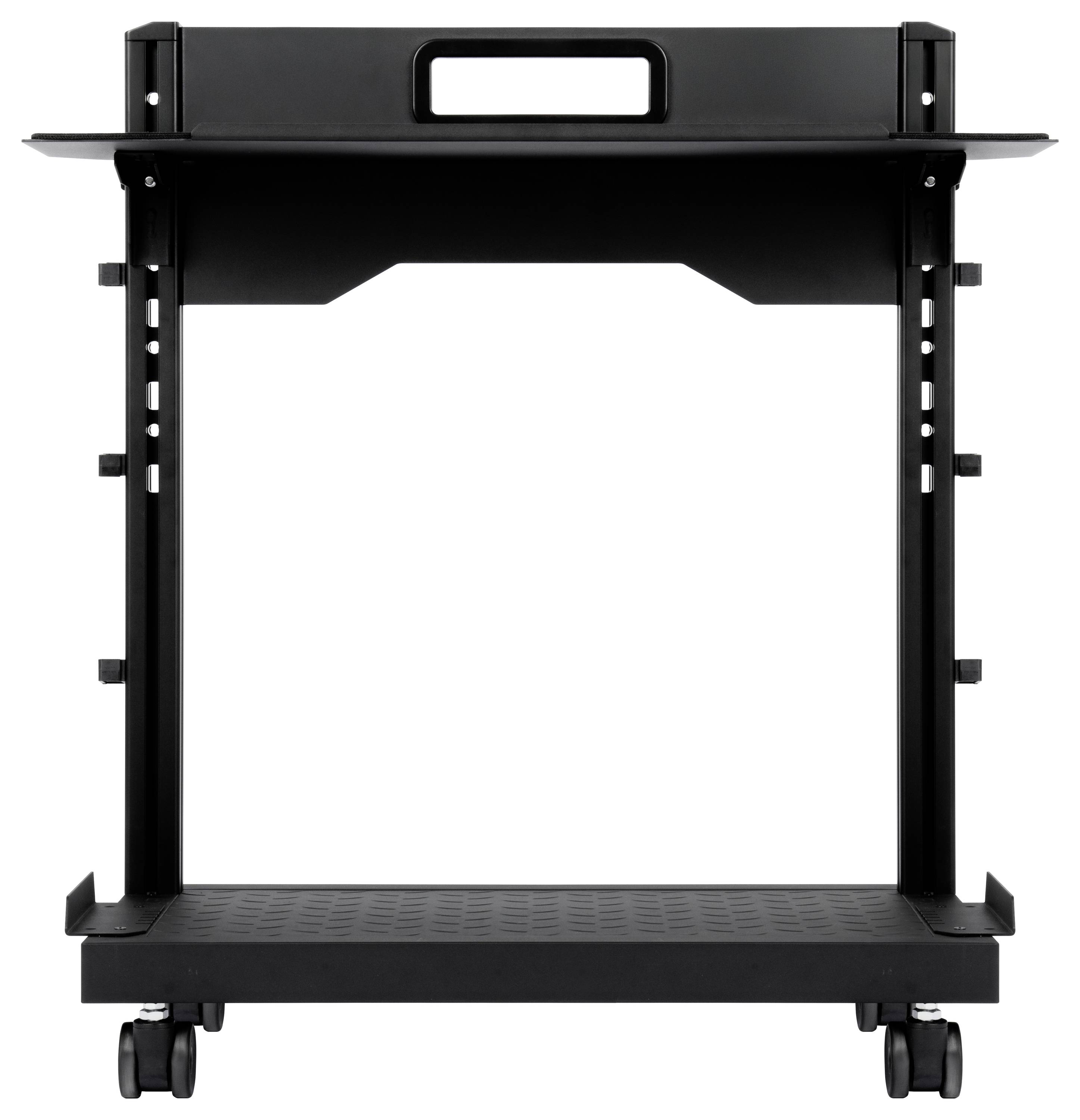 Chariot audiovisuel en métal noir avec poignée, deux étagères et quatre roulettes pour le rangement des équipements mobiles.