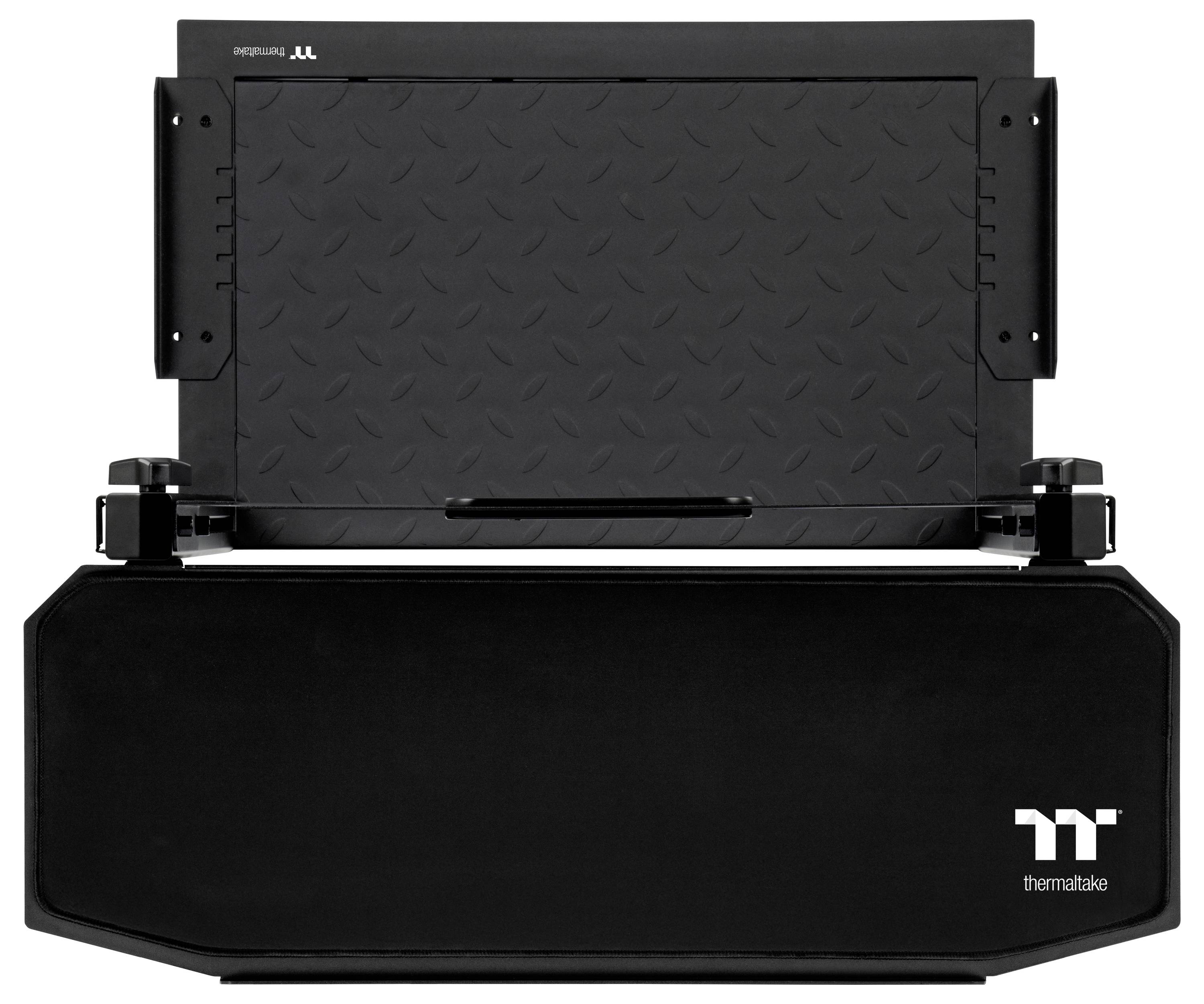 Boîtier d'ordinateur Thermaltake noir avec un côté ouvert montrant un panneau intérieur à motifs et un logo frontal