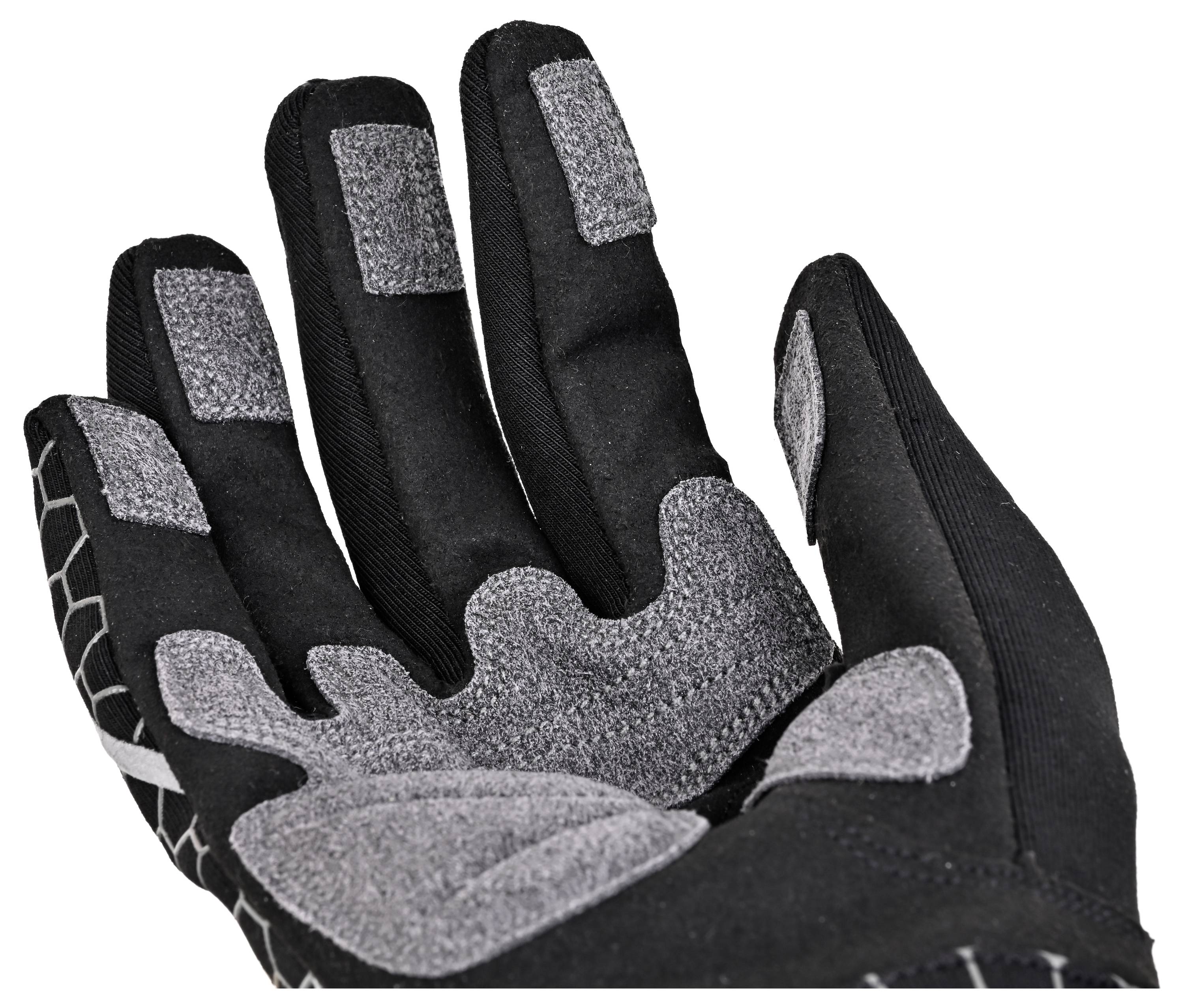 Gant de travail de protection noir et gris avec paume rembourée et préhension texturée, présenté en gros plan sur fond blanc.