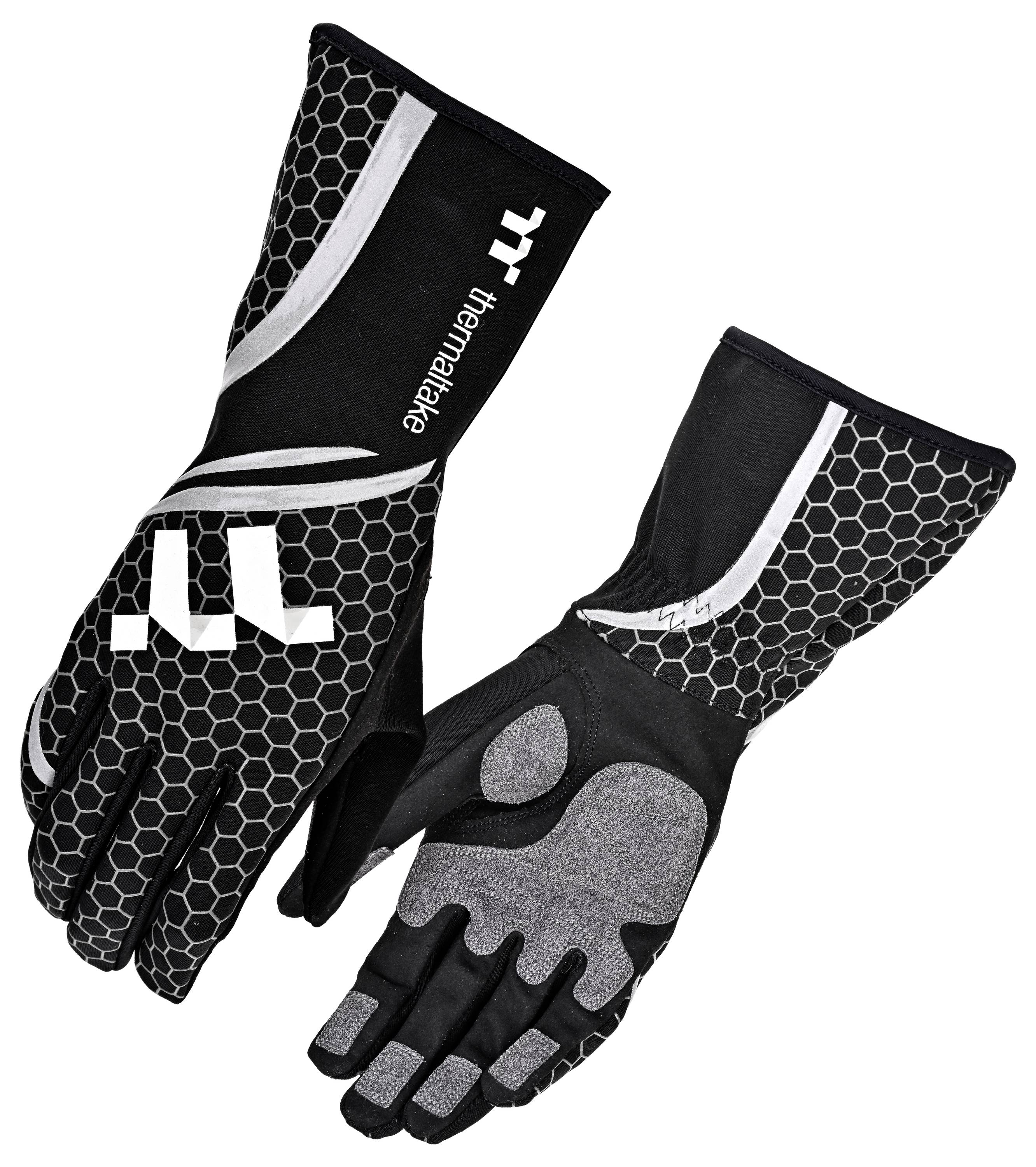 Paire de gants de cyclisme ThermoTek noirs avec motif en nid d'abeille, détails blancs et paumes rembourrées grises présentés de face et de dos.