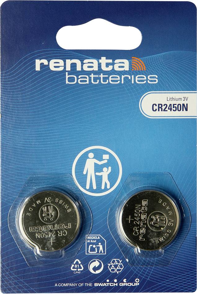 Paquet de piles Renata contenant deux éléments de pile bouton au lithium 3V CR2450N dans un emballage blister bleu.