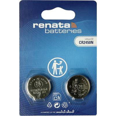 Paquet de piles Renata contenant deux éléments de pile bouton au lithium 3V CR2450N dans un emballage blister bleu.