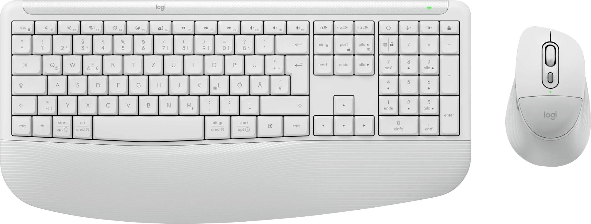 Clavier sans fil Logitech blanc avec repose-poignet intégré et souris assortie présentés côte à côte sur fond blanc.