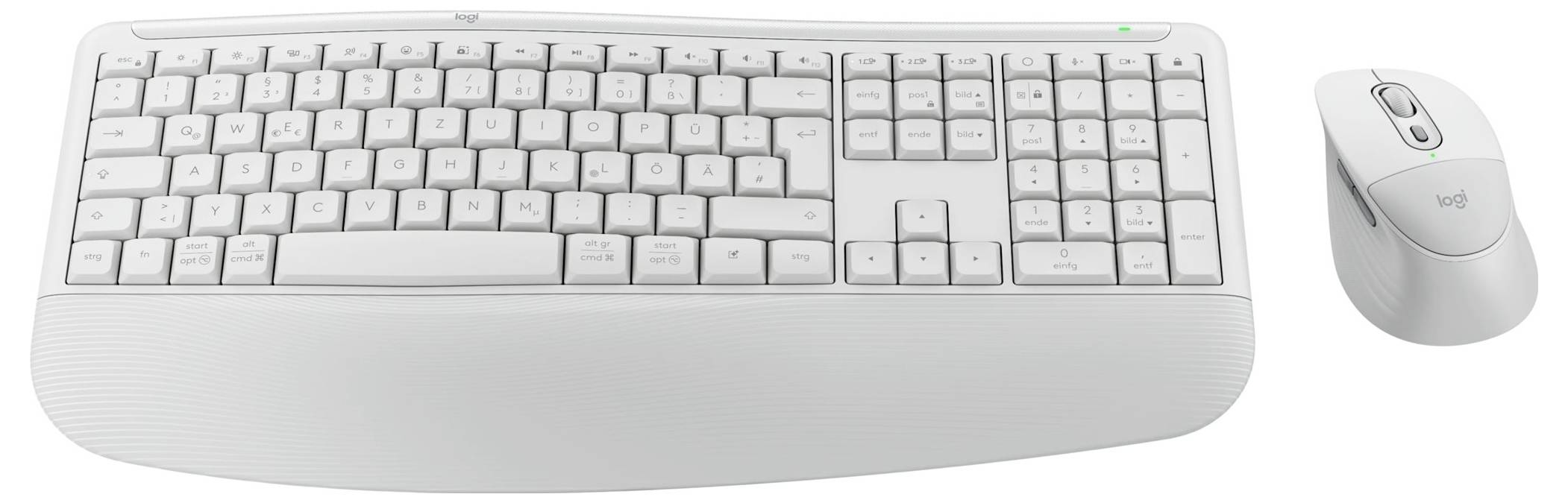 Clavier sans fil blanc avec repose-poignets intégré et souris assortie sur un fond uni.