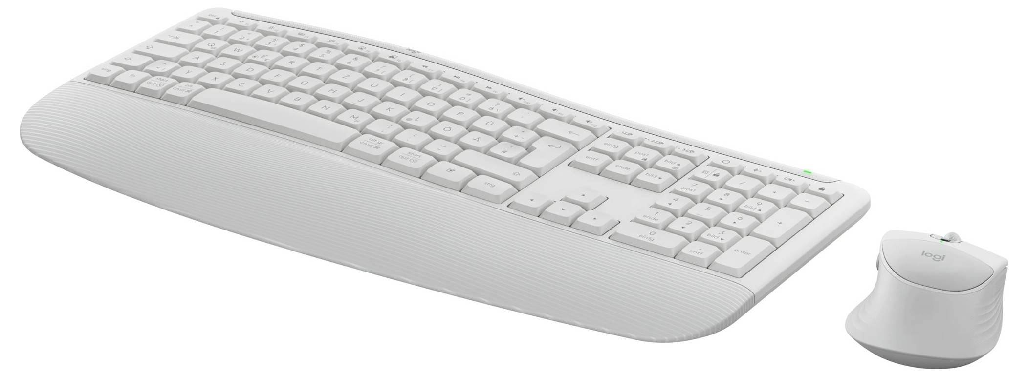 Clavier sans fil blanc ergonomique avec design séparé incurvé et une souris assortie sur un fond blanc.
