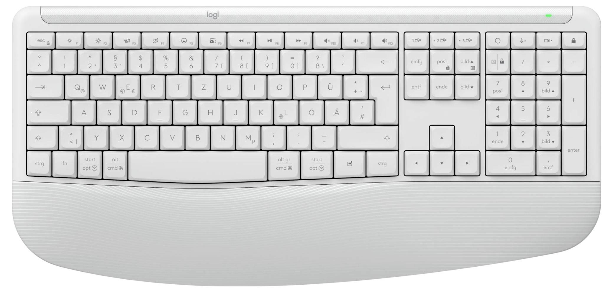 Clavier blanc Logitech pleine taille filaire avec pavé numérique et touches à profil bas, présenté en vue de face sur un fond blanc.