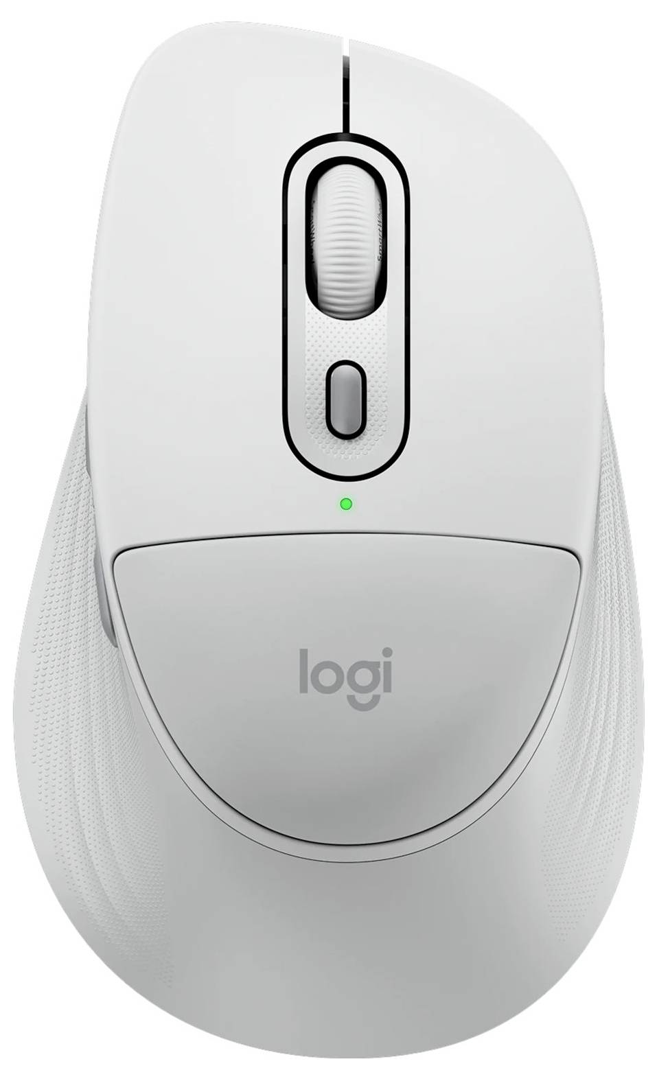 Souris Logitech blanche avec molette de défilement, deux boutons et un voyant d'état vert.
