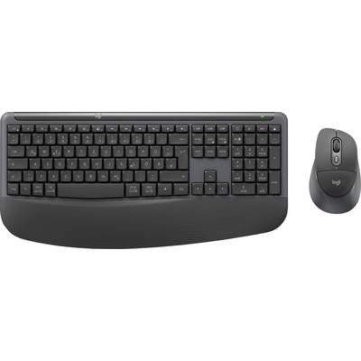 Clavier sans fil Logitech avec repose-poignet intégré et souris assortie, présenté sur un fond blanc.