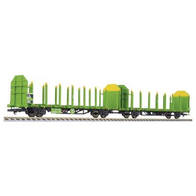 Wagon-lit plat vert transportant plusieurs modules de fret ou conteneurs verts et jaunes, présenté en vue latérale sur fond blanc.
