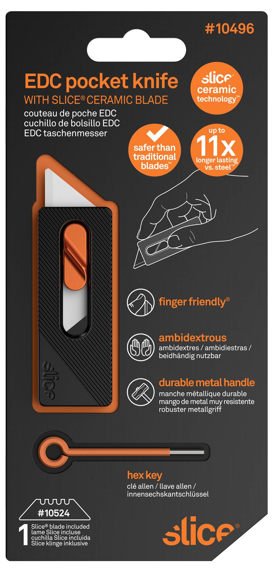 Emballage de produit pour un couteau de poche EDC Slice avec lame en céramique, présentant un couteau noir et orange, une clé hexagonale, et des affirmations telles que « 11 fois plus durable » et « facile pour les doigts ».