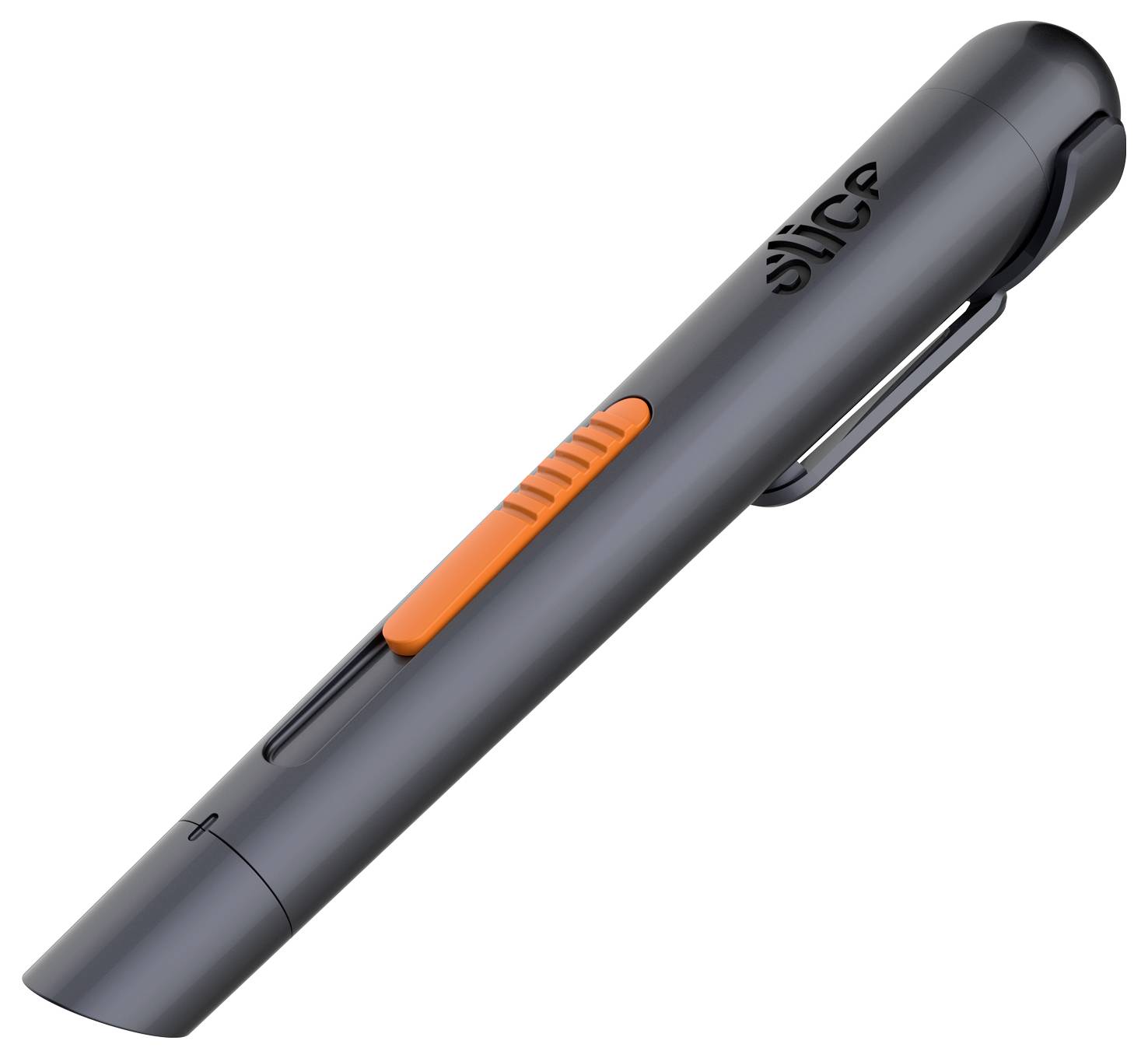Stylo gris foncé en forme de dispositif avec un bouton latéral orange et un clip, présenté sur un fond blanc.