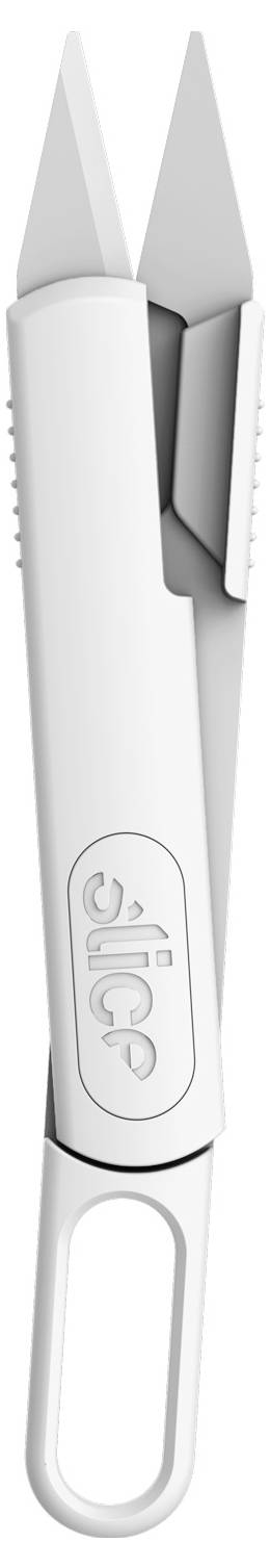 Gros plan d'un couteau utilitaire blanc avec une lame rétractable, présenté verticalement sur un fond uni.