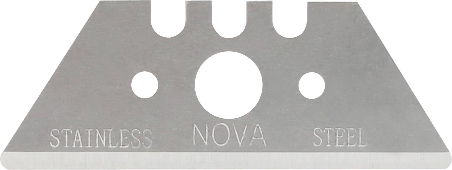Lame de couteau à usage général de remplacement en acier inoxydable avec trois trous pour les doigts ; étiquetée « STAINLESS », « NOVA » et « STEEL ».