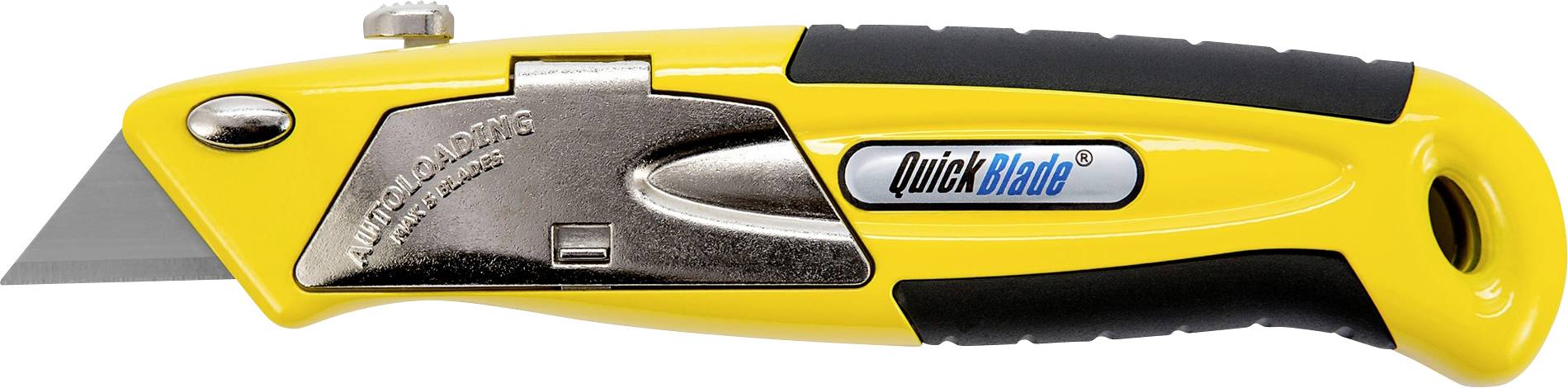 Couteau utilitaire rétractable jaune et noir avec une lame partiellement dépliée, présenté sur un fond blanc.