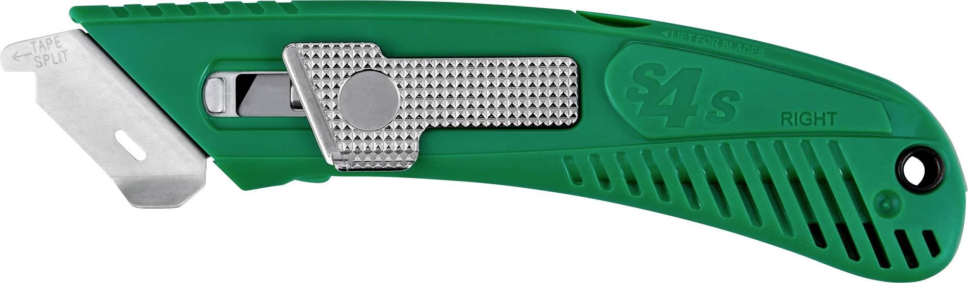Couteau utilitaire vert avec lame argentée allongée, curseur métallique texturé et marquages de prise pour droitiers.