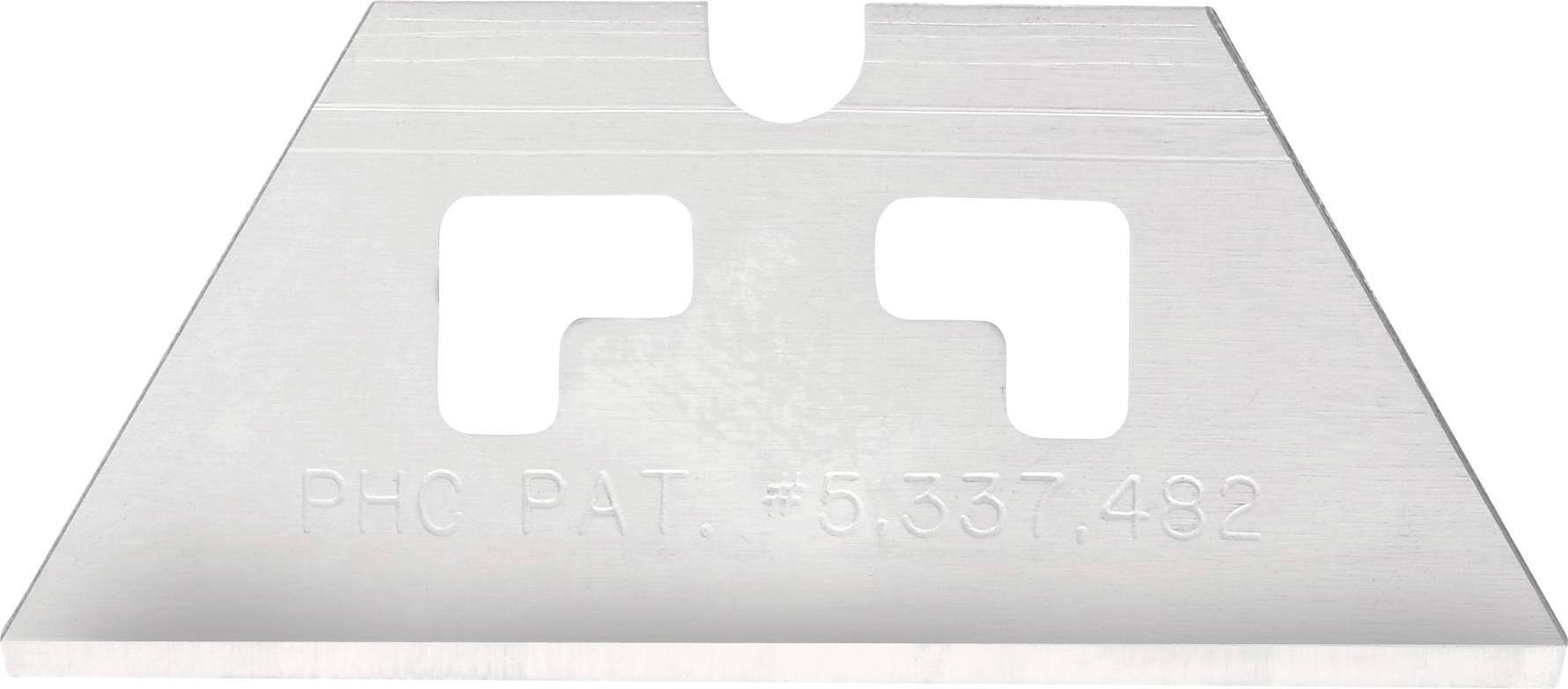 Racloir ou lame trapézoïdale métallique avec une encoche centrale et deux découpes carrées, estampillé « PHC PAT. #5,537,482 ».