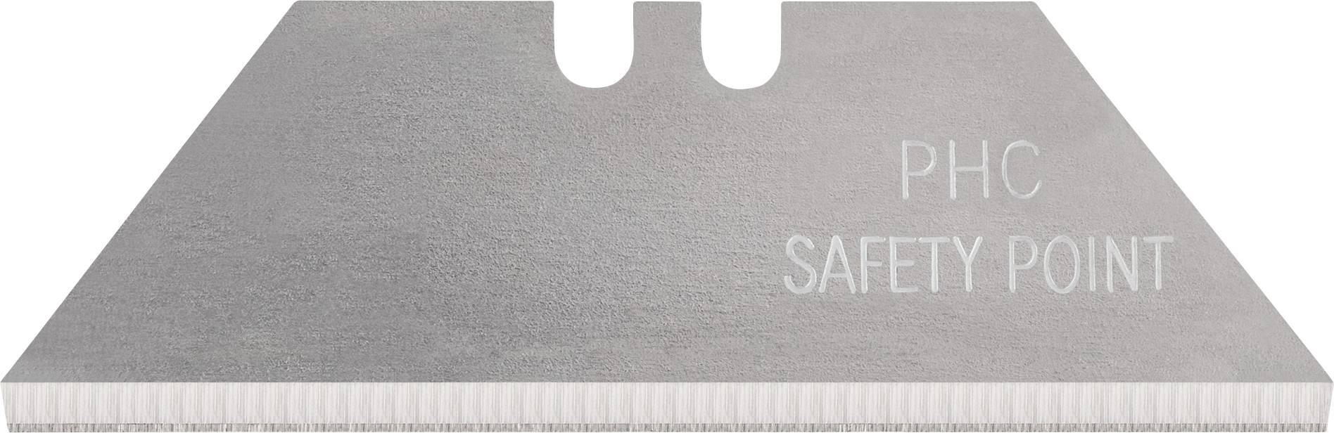 Lame de couteau de sécurité en métal étiquetée « PHC SAFETY POINT », avec une encoche centrale et un tranchant dentelé.