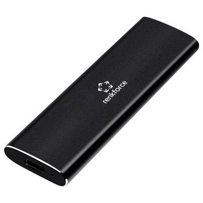 Boîtier SSD externe Renkforce noir avec port USB-C, présenté sur un fond blanc.