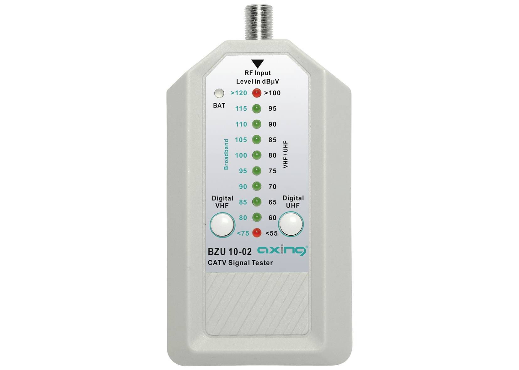 Vue de face d'un appareil de test de signal CATV étiqueté « Niveau d'entrée RF en dBµV », avec des indicateurs de niveau LED pour VHF/UHF numérique et un connecteur coaxial sur le dessus.
