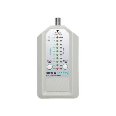 Vue de face d'un appareil de test de signal CATV étiqueté « Niveau d'entrée RF en dBµV », avec des indicateurs de niveau LED pour VHF/UHF numérique et un connecteur coaxial sur le dessus.