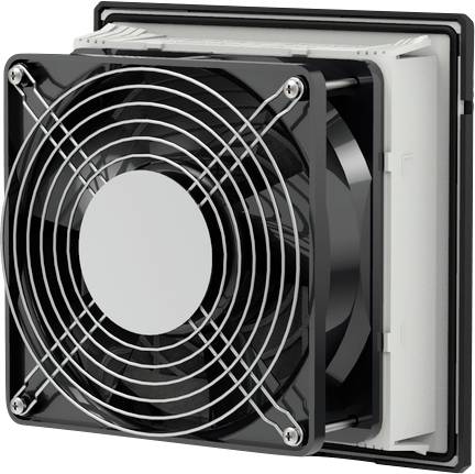 Unité de ventilateur de refroidissement avec grille de protection en fil, présentée dans un boîtier industriel carré noir et blanc.
