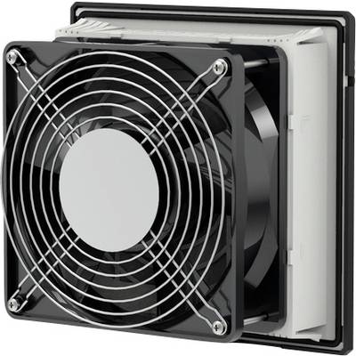 Unité de ventilateur de refroidissement avec grille de protection en fil, présentée dans un boîtier industriel carré noir et blanc.