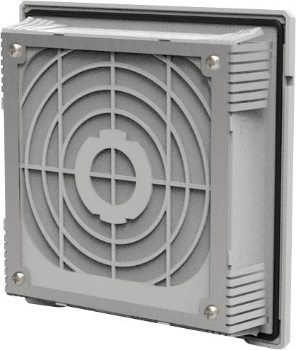 Ventilateur de ventilation ou unité de filtre à air de forme carrée grise avec une grille circulaire et quatre vis de coin, présenté en gros plan sur un fond blanc