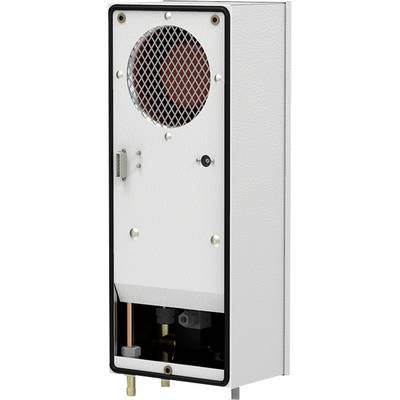 Boîte industrielle en métal blanc avec une grille de ventilation circulaire, des vis de montage et une tuyauterie exposée au bas, présentée en gros plan.