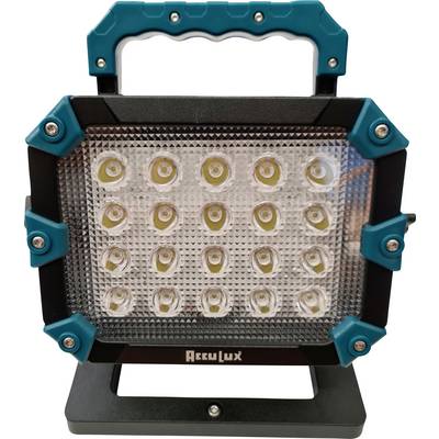 Lampe de travail LED portative avec poignée et socle de couleur bleu-vert, affichant un panneau frontal rectangulaire de 16 LED sur un fond blanc.