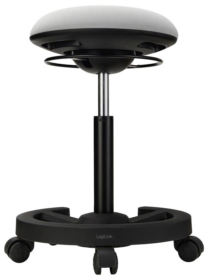 Tabouret roulant réglable en hauteur avec siège rond rembourré et base de repose-pieds noire, présenté sur un fond blanc.
