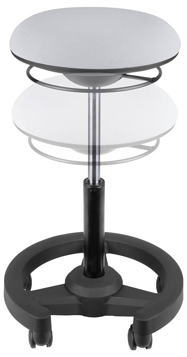 Tabouret roulant réglable en hauteur de couleur noire avec siège rond, poteau central, repose-pieds circulaire et roulettes pivotantes