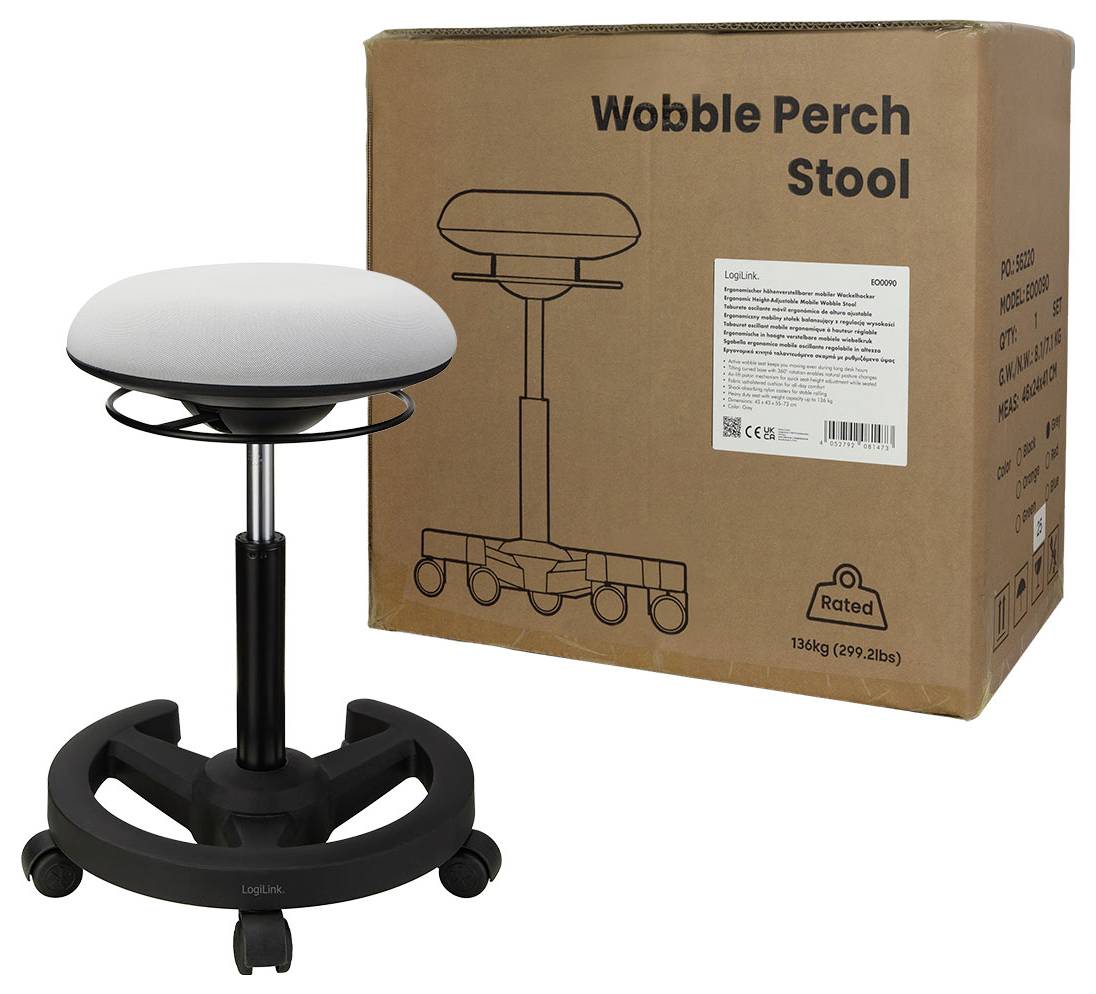 Tabouret 'Wobble Perch' réglable avec siège rembourré rond, base noire sur roulettes, montré à côté de son emballage en carton.