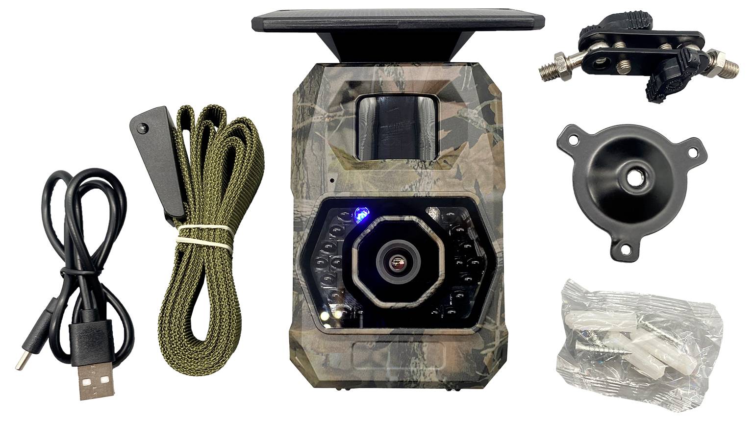 Kit de caméra de piste avec caméra de faune en camouflage, câble USB, sangle, support de montage et accessoires matériels pour la configuration et le montage.